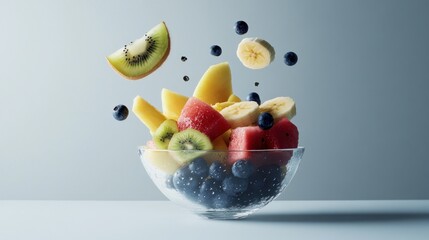 Fruit salad Colorful, fresh fruit mix in glass bowl, floating kiwi, banana