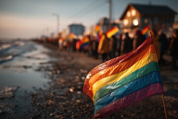 A beach scene where a group of people stands by the shore, proudly waving rainbow flags, symbolizing love and acceptance during a sunset gathering by the water.