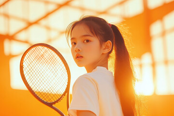 Young girl holding a tennis racket, bathed in warm sunset light, showcasing determination and passion for the sport.