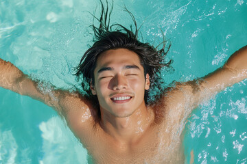 Young man enjoying a refreshing swim in a pool, radiating joy and freedom under the bright sun, capturing relaxation and happiness.