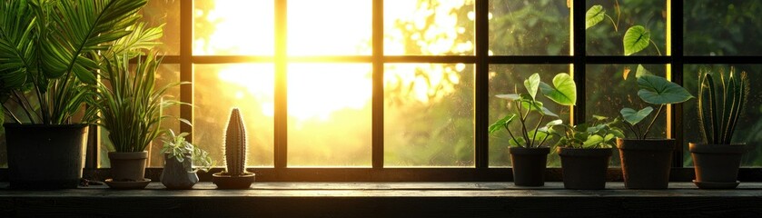 Several potted plants sit on a window ledge with sunlight shining