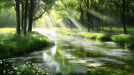 Obraz premium Sunbeams on a misty forest stream