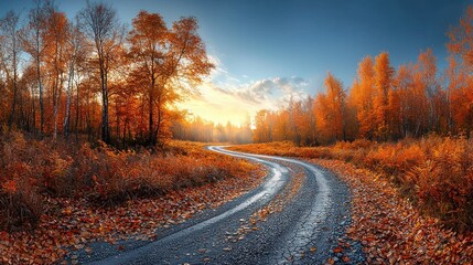 Fototapeta premium Autumnal Road at Sunset: A Scenic Drive Through Vibrant Fall Foliage