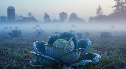 Misty Morning Cabbage Field Farm Landscape