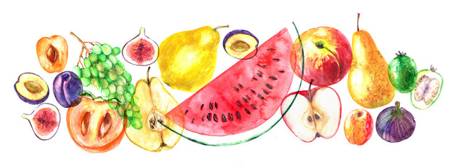 Hand drawn watercolor fruit collage illustration. Tropical exotic fruit for food and drink background. Pear, fig, apricot, apple, watermelon, peach, lemon, grape.