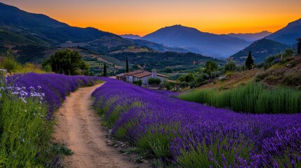 Obraz premium Scenic countryside landscape with a lavender field and mountains at sunset