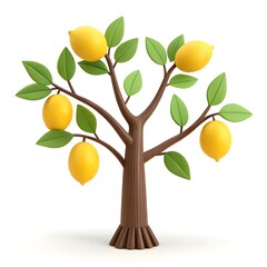 3D Rendered Stylized Lemon Tree Illustration Vibrant Yellow Lemons on Lush Green Branches