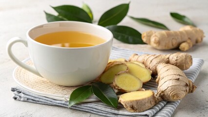 Fototapeta premium Warm Ginger Tea in a White Cup with Freshly Sliced Ginger and Green Leaves on a Napkin