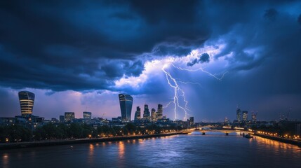 Fototapeta premium Thunderstorm Over City Skyline, Lightning Strikes Through Dark Clouds and Brightens the River, a Dramatic Nature Scene in Urban Setting