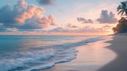 Fototapeta premium Serene beach at sunset with gentle waves and palm trees under pastel clouds