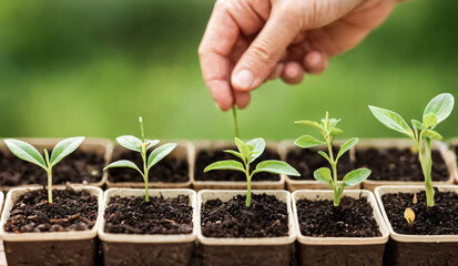Farmer taking care of young potted plants