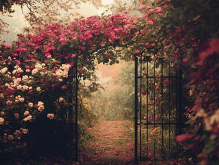 Enchanting Garden Gate Adorned with Vibrant Flowers Leading to a Mystical Path in a Serene Landscape with Foggy Background and Low Angle