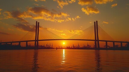 Obraz premium Sunset Silhouette of a Cable-Stayed Bridge over Calm Water