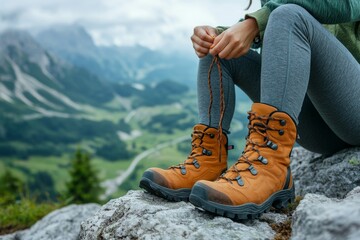 Hiker lady tying boot laces sitting on rock, high in the mountains with beautiful view, free space, Generative AI