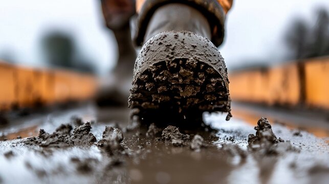 A close up view of a muddy boot stepping forward