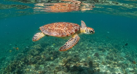 Obraz premium Sea Turtle in Coral Reef Habitat - A stunning underwater of a sea turtle gracefully swimming above a vibrant coral reef, teeming with marine life