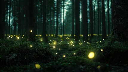Mysterious forest illuminated by numerous glowing floating lights