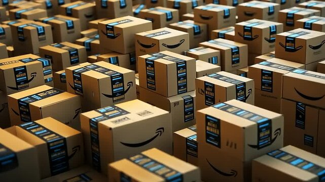 A vast array of stacked cardboard boxes in a warehouse, showcasing organized logistics and delivery