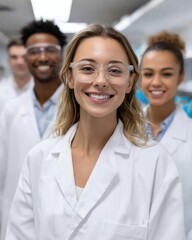 Fototapeta premium Smiling medical team in lab coats standing together in a modern laboratory with bright light and a positive mood