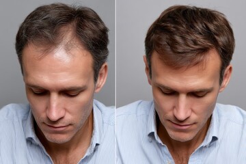 Fototapeta premium This image showcases a side-by-side comparison of a man before and after a hair restoration procedure, highlighting the significant change in hair volume and style.