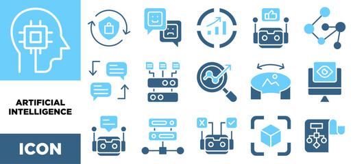 ARTIFICIAL INTELLIGENCE  icon set vector concept illustration. Containing icon of Security, Technology, Chart, Web, Alphabet, Database, Game, Computer,