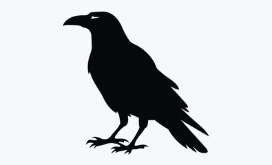 Raven bird silhouette vector, black crow icon, standing raven illustration, spooky bird shape, Halloween animal graphic