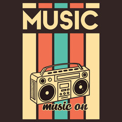 Obraz premium 80s Retro Music Boombox Graphics Vector Graphic Poster T-Shirt Print Design Beige Orange Teal Striped Background