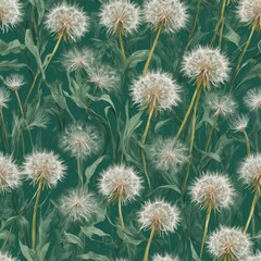 Obraz premium Seamless background of dandelions on a green backdrop, fresh and vibrant, perfect for nature-inspired designs.