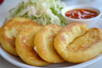 Golden Potato Pancakes with Tangy Tomato Sauce and Crisp Cabbage Slaw on White Plate Close Up
