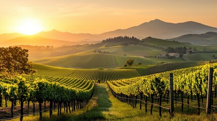 Obraz premium Rolling hills of vineyards bathed in warm sunset light