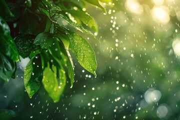 A beautiful image of pink flowers blooming in a garden during a soft rain shower, A gentle rain shower nourishing the earth