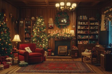 A vintage Christmas scene with nostalgic holiday decor and warm lighting, evoking classic festive charm.