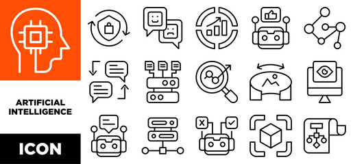ARTIFICIAL INTELLIGENCE  icon set vector concept illustration. Containing icon of Security, Technology, Chart, Web, Alphabet, Database, Game, Computer,