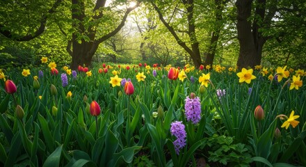 Fototapeta premium Spring Blossoms in the Woods - Vibrant tulips, daffodils, and hyacinths bloom in a sun-dappled forest clearing. A tranquil springtime scene