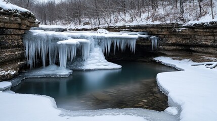 Icy waterfall cascading into a frozen pond surrounded by snow