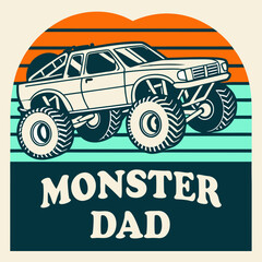 Retro Monster Truck Dad Vintage Graphic T-Shirt Fathers Day Gift Beige Teal Orange Art