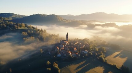Obraz premium Sunrise over a Misty Medieval Village in Rolling Hills