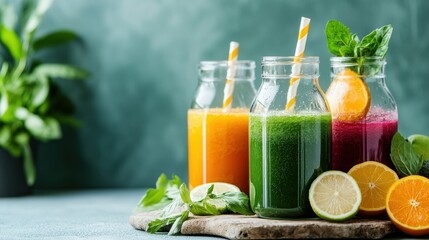 Fototapeta premium Assortment of healthy fruit and vegetable smoothies in glass bottles