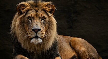 Fototapeta premium Intense Close-Up of Lion Approaching in Dark Mysterious Light