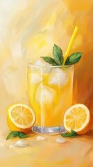 Fototapeta premium Refreshing Lemonade Still Life Painting with Ice Cubes Mint and Straw in a Glass on Yellow Background
