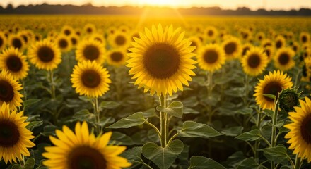 Obraz premium Sunlit Sunflower Field at Sunset - A breathtaking view of a vast sunflower field bathed in the golden light of sunset. Tall sunflowers reach towards the sun, creating a stunning natural scene