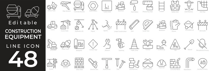 Construction tools and engineering icon set in line style. Features symbols for building, renovation, machinery, tools, and industrial work. Editable stroke.