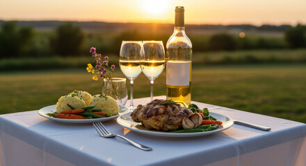Sunset Dinner: Grilled Chicken and Wine - Romantic outdoor dinner, grilled chicken, fresh vegetables, mashed potatoes, wine, sunset view. Symbolizing romance, relaxation, togetherness, fine dining
