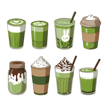 Japan matcha latte set. Flat cartoon illustration of matcha drinks. Matcha latte with foam art, heart, rabbit, flower. Green matcha