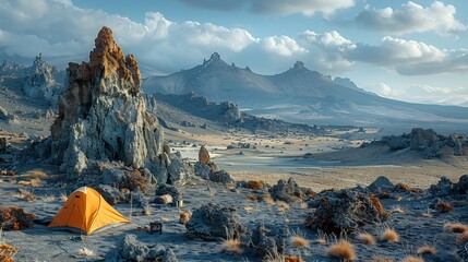 A dramatic volcanic desert wasteland