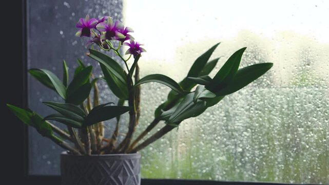 Video of a blooming orchid flower standing on the window sill with wet window and raindrops on the background in Cholula during rainy season