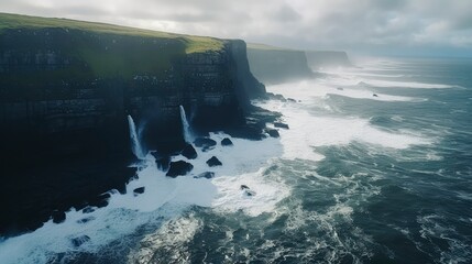 Dramatic Coastal Cliffs with Ocean Waves Crashing and Waterfalls