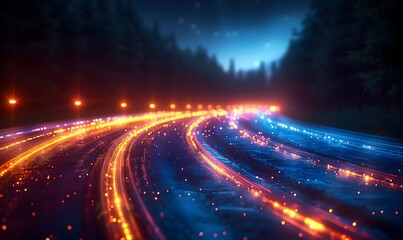 Futuristic Highway at Night with Glowing Data Streams and Dark Forest