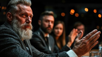 Obraz premium A serious looking bearded man speaks in a meeting setting