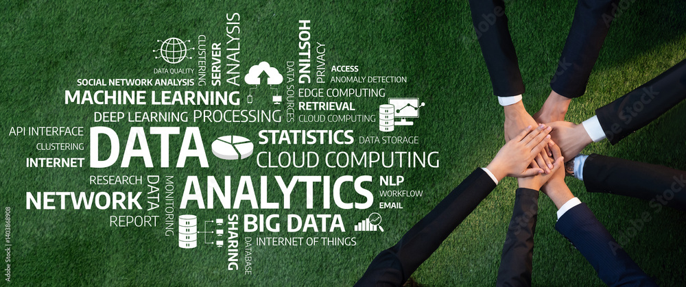 Poster a compelling visual representation of teamwork in data analytics, highlighting collaboration in tech
